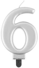 Świeczka cyferka 6, metalik srebrna, 8 cm, 1 szt.