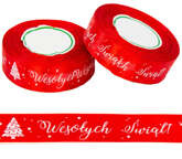 Tasiemka Satynowa WESOŁYCH ŚWIĄT Czerwona 25mm