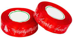 Tasiemka Satynowa WESOŁYCH ŚWIĄT Czerwona 25mm