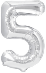Balon foliowy cyfra 5 PIĘĆ srebrny 100 cm, 1 szt.
