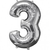 Balon foliowy 26" srebrny cyfra "3", 1 szt.