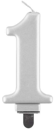 Świeczka cyferka 1, metalik srebrna, 8 cm, 1 szt.