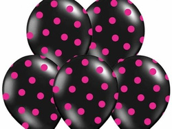 Balony 14'' czarny w różowe kropki, 5 szt.