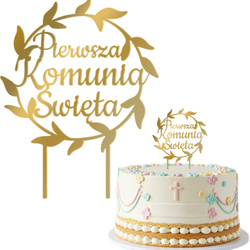 Topper KOMUNIA ŚWIĘTA Złoty Lustrzany LIŚCIE
