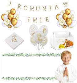 Zestaw KOMUNIA Balony Bieżnik Serwetki Baner IMIĘ