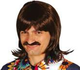 PERUKA Męska Brązowa WĄSY Hipis Lata 80 Disco Bal