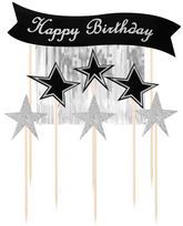 Topper na Tort HAPPY BIRTHDAY Srebrne Gwiazdki x7