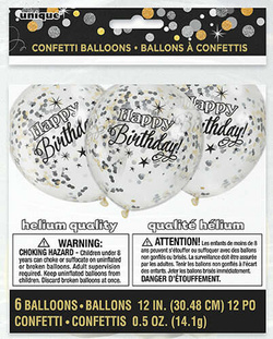 Balon z konfetti Happy Birthday,  12", 6 szt.