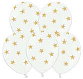 Balony 14" Białe w złote Gwiazdki, 5 szt.