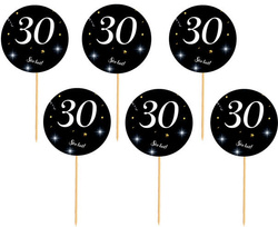 Toppery 30 URODZINY Czarne Tło Biały Napis 6szt.