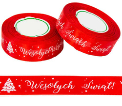 Tasiemka Satynowa WESOŁYCH ŚWIĄT Czerwona 25mm