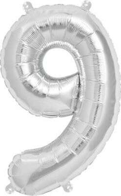 Balon foliowy cyfra 9 DZIEWIĘĆ srebrny 100 cm, 1 s