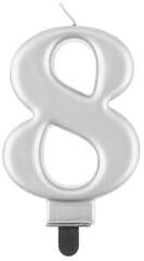Świeczka cyferka 8, metalik srebrna, 8 cm, 1 szt.