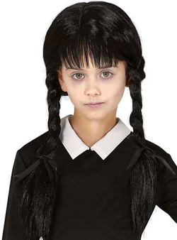 Peruka WEDNESDAY Addams Czarne Warkoczyki 