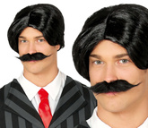 ZESTAW Włosy PERUKA Męska Czarna WĄSY Retro Addams
