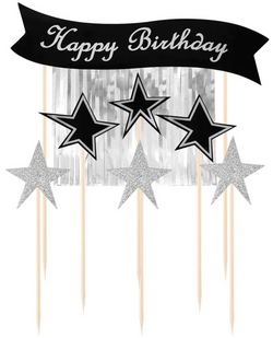 Topper na Tort HAPPY BIRTHDAY Srebrne Gwiazdki x7