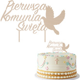 Topper na Tort KOMUNIA ŚWIĘTA Gołąbek DREWNIANY