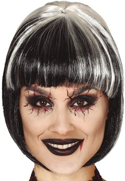 Peruka Bob Krótkie Czarne Włosy Białymi Pasemkami