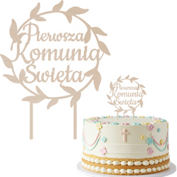 Topper na Tort KOMUNIA ŚWIĘTA Okrąg DREWNIANY
