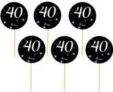 Toppery 40 URODZINY Czarne Tło Biały Napis 6szt.