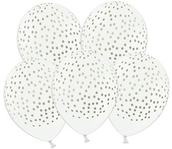 Balony Biały w złote Kropki, 30 cm, 5 szt.