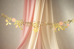 Baner Happy Birthday Kwiaty Różowy Złoty Urodziny
