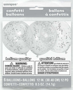 Balon z konfetti SREBRNY 12", 6 szt.