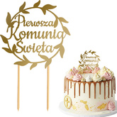Topper na Tort KOMUNIA ŚWIĘTA Okrąg Liście ZŁOTY