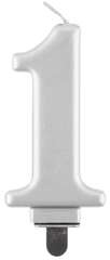 Świeczka cyferka 1, metalik srebrna, 8 cm, 1 szt.
