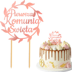 Topper na Tort KOMUNIA ŚWIĘTA Okrąg RÓŻOWE ZŁOTO