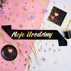 Szarfa Urodzinowa MOJE URODZINY Czarna Złota 160cm