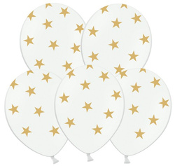 Balony 14" Białe w złote Gwiazdki, 5 szt.
