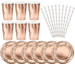 Zestaw: Kubeczki Talerzyki Słomki Różowe Złoto