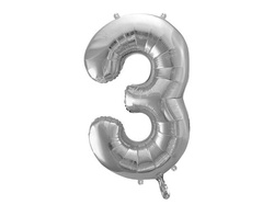 Balon foliowy Cyfra "3", srebrny, 86cm, 1szt.