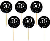 Toppery 50 URODZINY Czarne Tło Biały Napis 6szt.