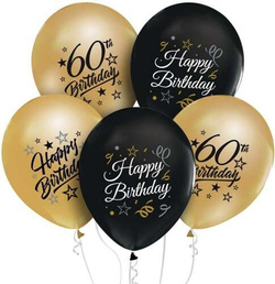 Balony 60 URODZINY Happy Birthday Czarne Złote x5