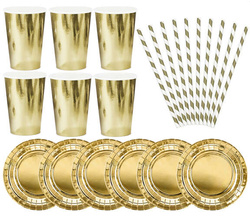 Zestaw: Kubeczki Talerzyki Słomki Złoty