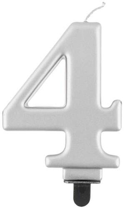 Świeczka cyferka 4, metalik srebrna, 8 cm, 1 szt.