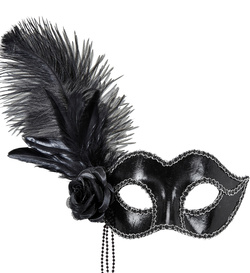 Maska Karnawałowa Wenecka Czarna z Piórem i Różą