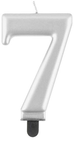 Świeczka cyferka 7, metalik srebrna, 8 cm, 1 szt.
