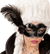 Maska Karnawałowa Wenecka Czarna z Piórem i Różą