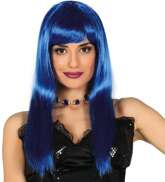 Peruka Długie Proste Niebieskie Włosy Grzywka Bob