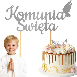 Topper na Tort KOMUNIA ŚWIĘTA Gołąbek SREBRNY