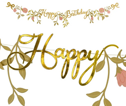 Baner Happy Birthday Kwiaty Różowy Złoty Urodziny