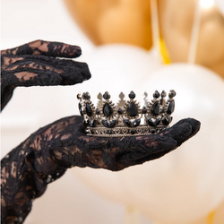 Dekoracja Tort Srebrna KORONA Czarne Kryształki