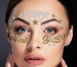 Naklejki na Twarz HAPPY NEW YEAR Srebrne, Złote