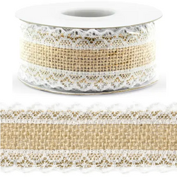 Taśma jutowa z białą koronką, 4x500cm
