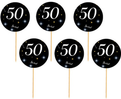 Toppery 50 URODZINY Czarne Tło Biały Napis 6szt.