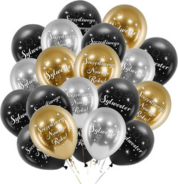 Balony Czarne Złote Srebrne Chrom Sylwester 20szt.