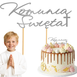 Topper na Tort KOMUNIA ŚWIĘTA Krzyż SREBRNY